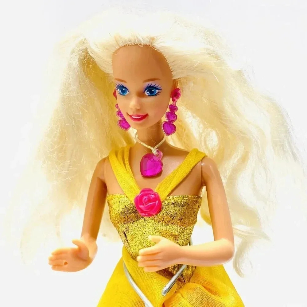MATTEL BARBIE Doll Blonde Hair Blue Eyes Yellow Gown Earrings/Necklace 12" Tall - Picture 2 of 11